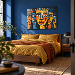 African Wall Art for Living Room, framed on the wall of a bold modern bedroom with a deep cobalt blue wall