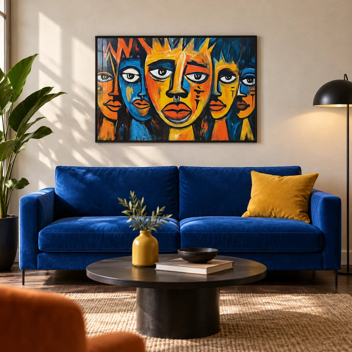 African Wall Art for Living Room, framed on the wall of a bold modern living room with a warm white plaster wall and a dark wood floor