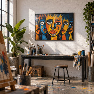 African Wall Art for Living Room, framed on the wall of a loft art studio with a white brick wall and a paint-spattered concrete floor in a home office