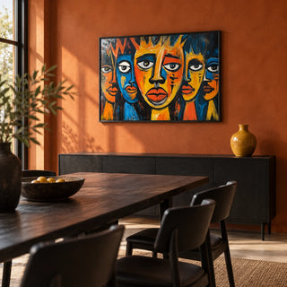 African Wall Art for Living Room, framed on the wall of a modern dining room with a burnt orange limewash wall