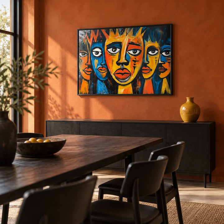 African Wall Art for Living Room, framed on the wall of a modern dining room with a burnt orange limewash wall