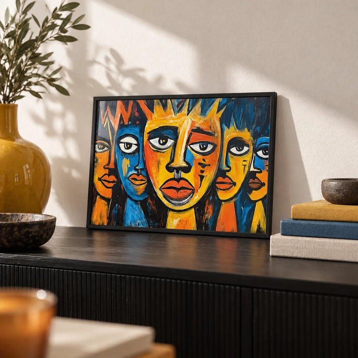 African Wall Art for Living Room, a small A4 framed print leaning on a black sideboard