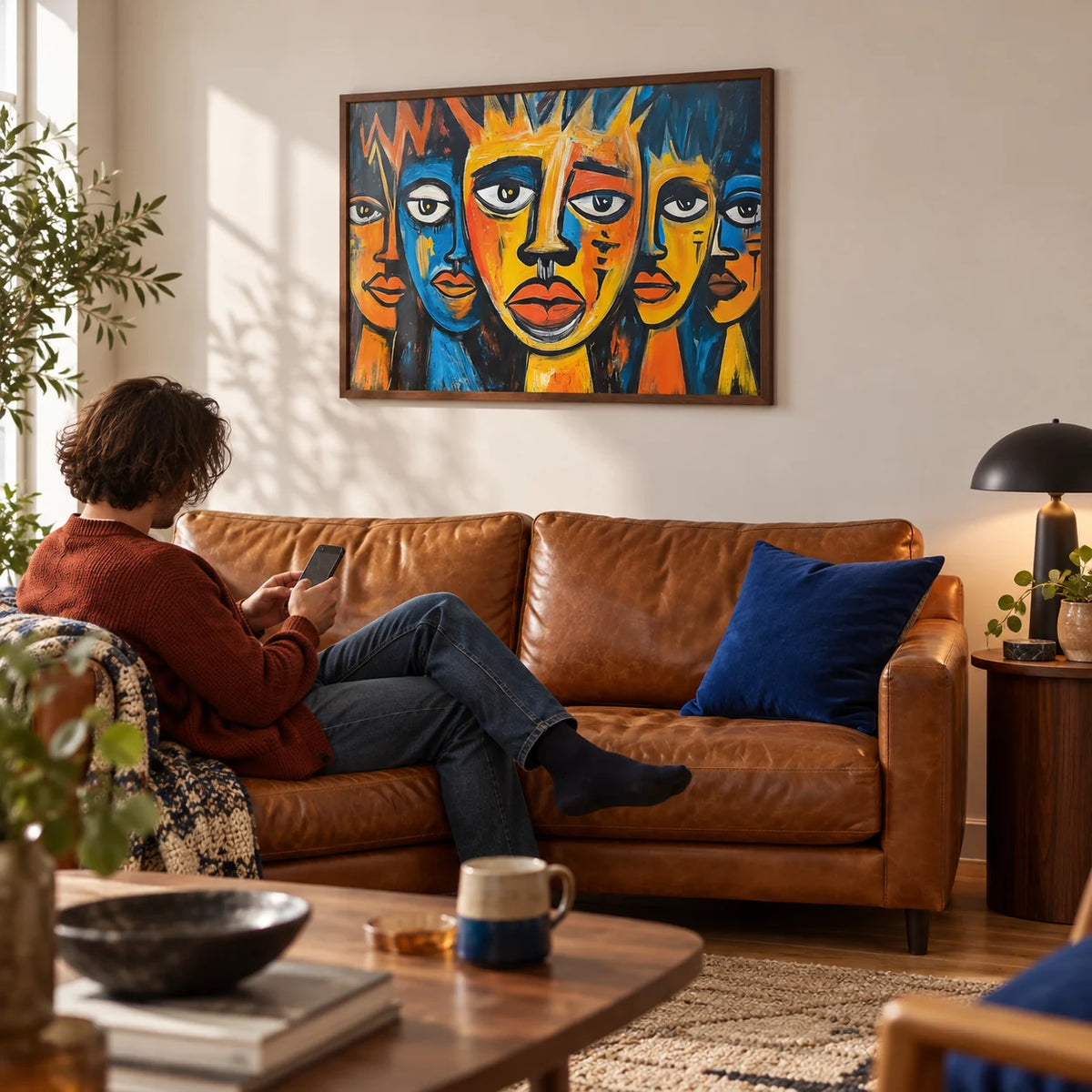 African Wall Art for Living Room, framed on the wall of a warm living room with a soft white wall and an oak floor