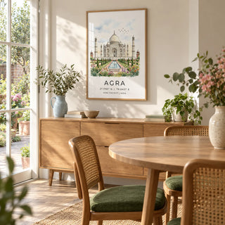 Agra Historical Poster, framed on the wall of a bright dining room overlooking a small terraced-house garden