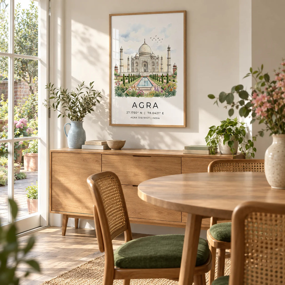 Agra Historical Poster, framed on the wall of a bright dining room overlooking a small terraced-house garden