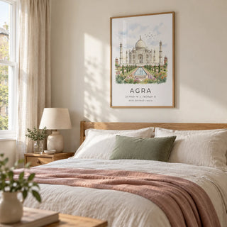 Agra Historical Poster, framed on the wall of a restful bedroom in a renovated UK terrace with pale ivory walls