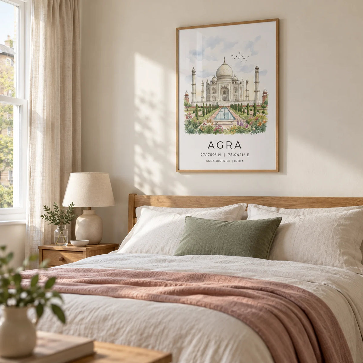 Agra Historical Poster, framed on the wall of a restful bedroom in a renovated UK terrace with pale ivory walls