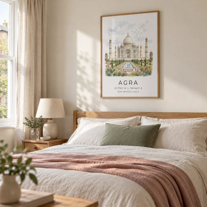 Agra Historical Poster, framed on the wall of a restful bedroom in a renovated UK terrace with pale ivory walls