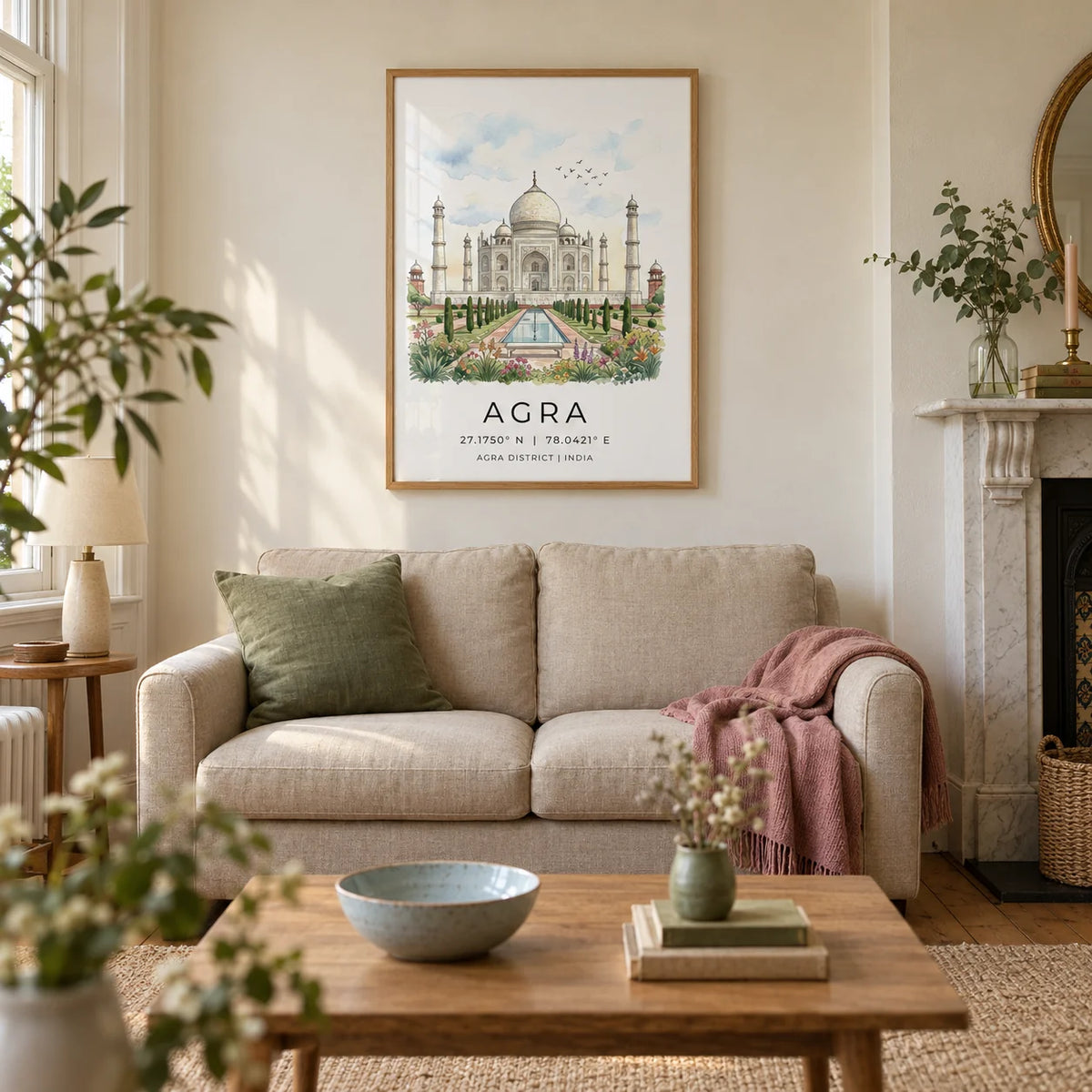 Agra Historical Poster, framed on the wall of a warm living room in a Victorian terraced home with ivory plaster walls