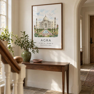 Agra Historical Poster, framed on the wall of a welcoming hallway in a UK period home with warm white walls