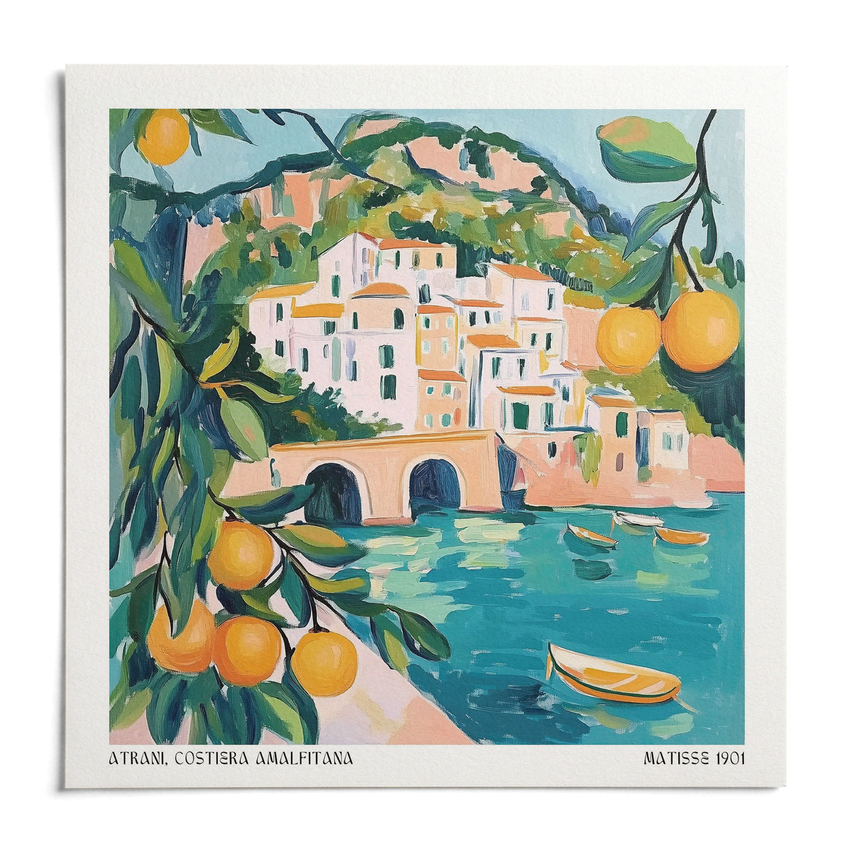 Amalfi Coast Painting, shown as an unframed paper print on a plain white background