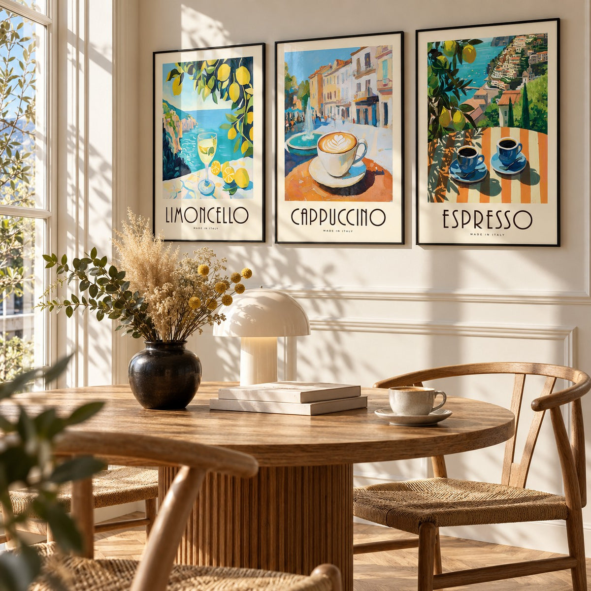 Amalfi Coast Prints Set of 3 styled above a round fluted oak dining table with a mushroom lamp: Amalfi Limoncello, Morning Piazza and Amalfi Espresso shown framed side by side (frames not included)