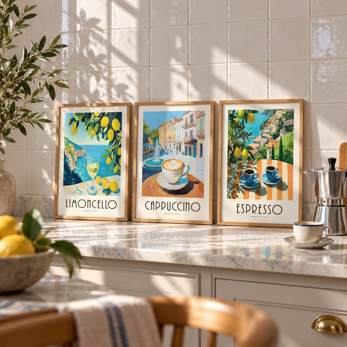 Amalfi Coast Prints Set of 3 styled as small A4 prints on a shelf, to show the gift size: Amalfi Limoncello, Morning Piazza and Amalfi Espresso shown framed side by side (frames not included)