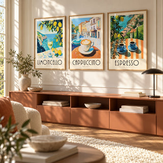 Amalfi Coast Prints Set of 3 styled above a terracotta credenza in a warm minimal room: Amalfi Limoncello, Morning Piazza and Amalfi Espresso shown framed side by side (frames not included)