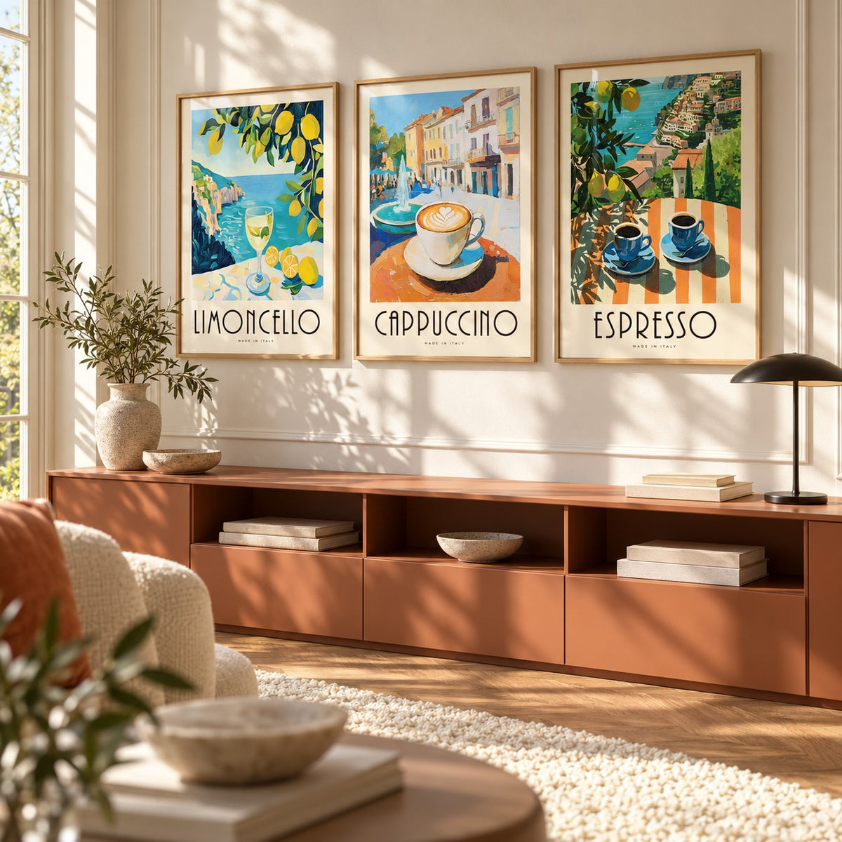 Amalfi Coast Prints Set of 3 styled above a terracotta credenza in a warm minimal room: Amalfi Limoncello, Morning Piazza and Amalfi Espresso shown framed side by side (frames not included)