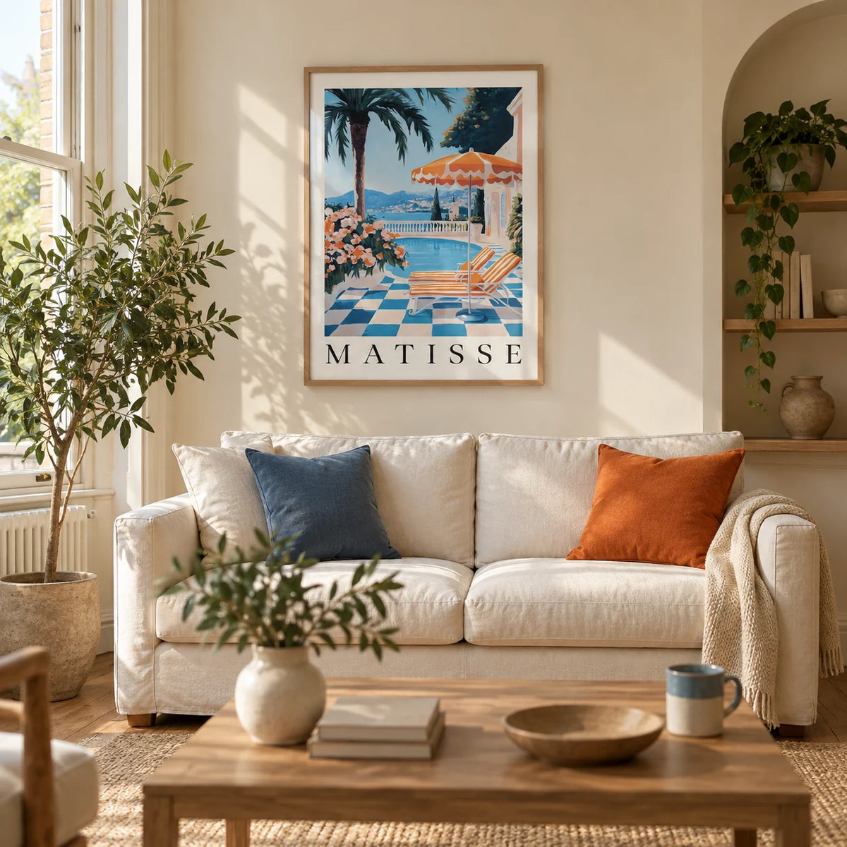 Amalfi Coast Wall Art Print, framed on the wall of a bright living room in a UK Victorian terrace with warm cream plaster walls