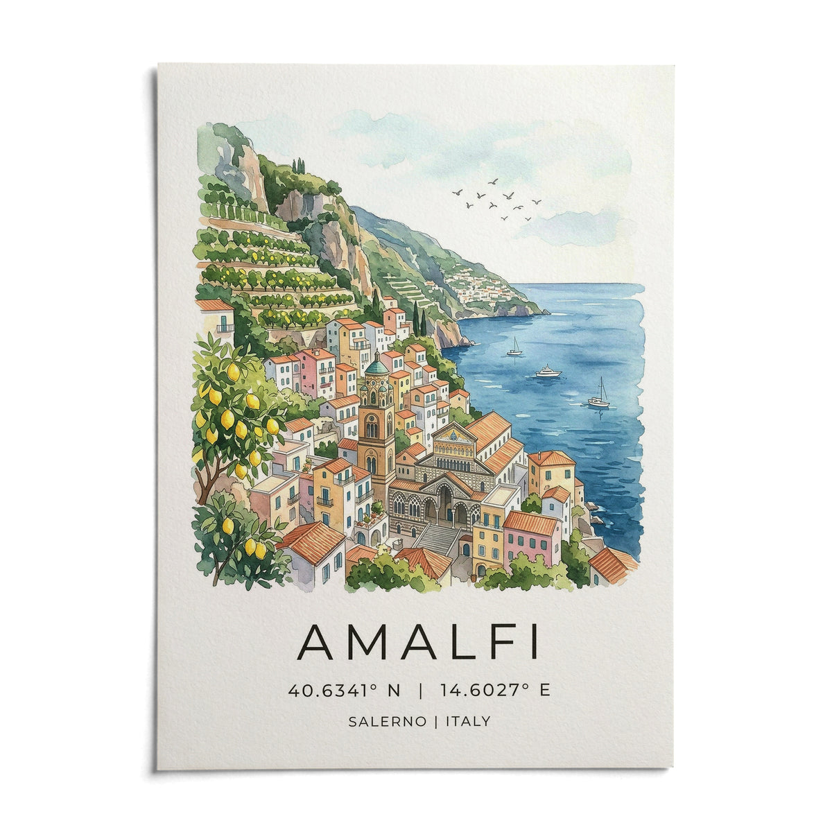 Amalfi Coast Wall Art, shown as an unframed paper print on a plain white background
