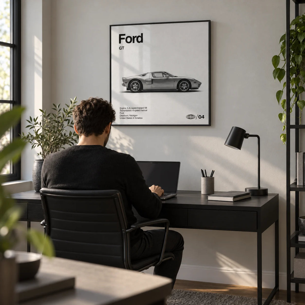 American Supercar Poster, framed on the wall of a modern home office with a pale grey wall
