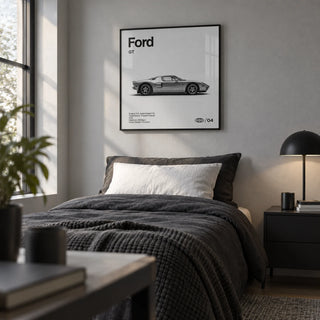 American Supercar Poster, framed on the wall of a modern single bedroom for a young adult (18-25) with a light grey wall