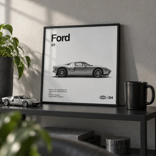 American Supercar Poster, a small A4 framed print leaning on a black metal shelf in a living room