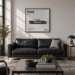 American Supercar Poster, framed on the wall of a smart converted garage den with a white painted brick wall and a polished concrete floor in a living room