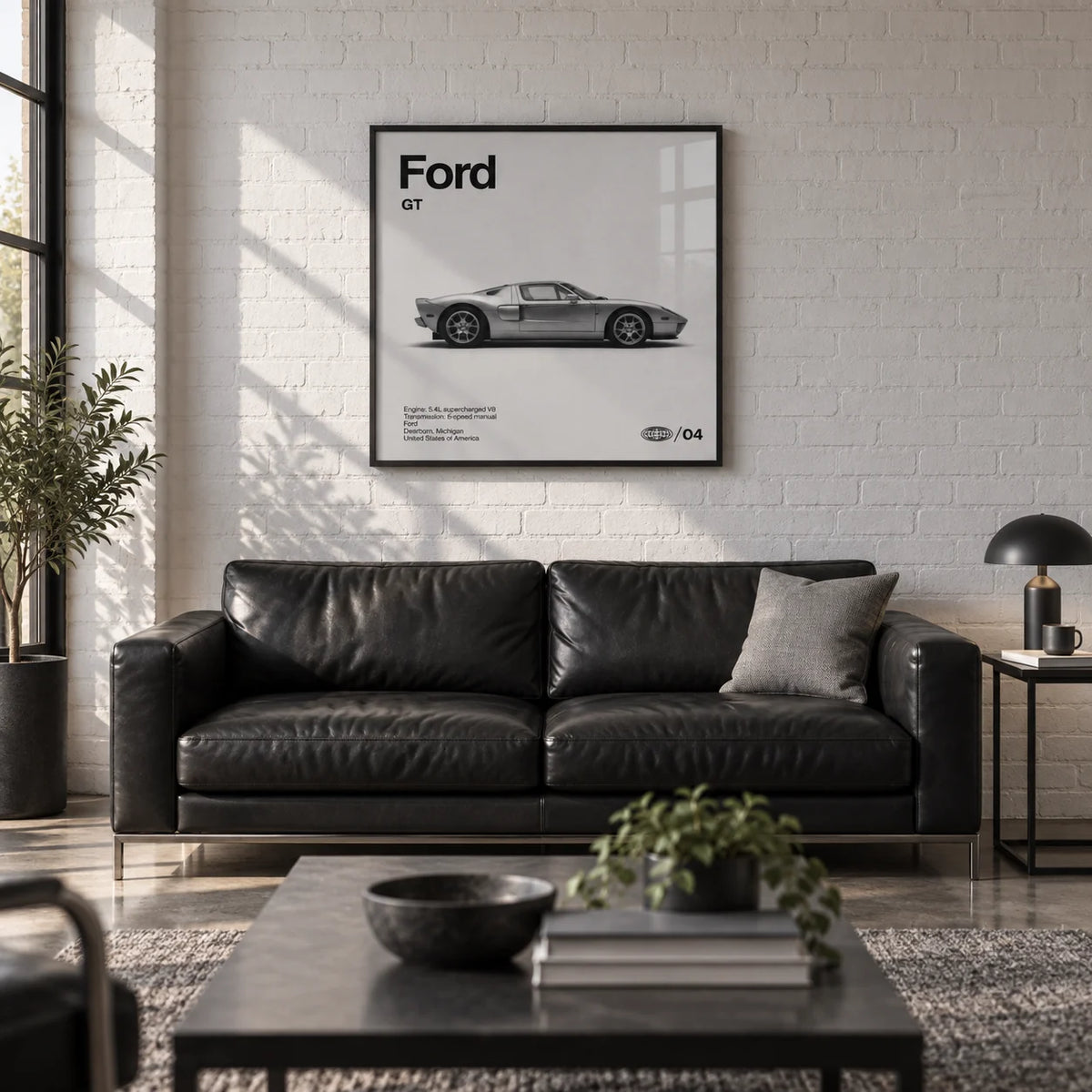 American Supercar Poster, framed on the wall of a smart converted garage den with a white painted brick wall and a polished concrete floor in a living room