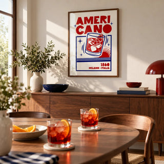 Americano Cocktail Poster, framed on the wall of a dining room ready for friends