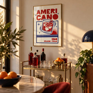 Americano Cocktail Poster, framed on the wall of a home bar corner