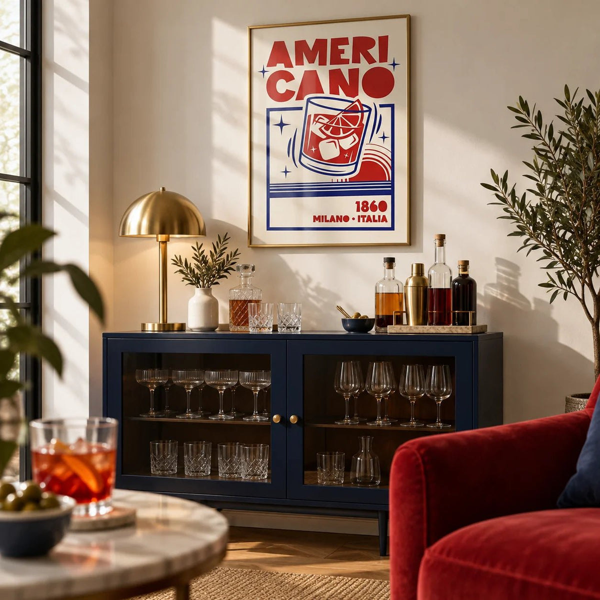 Americano Cocktail Poster, framed on the wall of a living room drinks corner