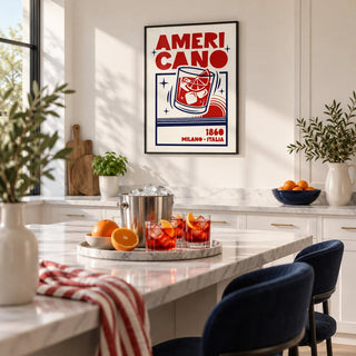 Americano Cocktail Poster, framed on the wall of a modern white kitchen