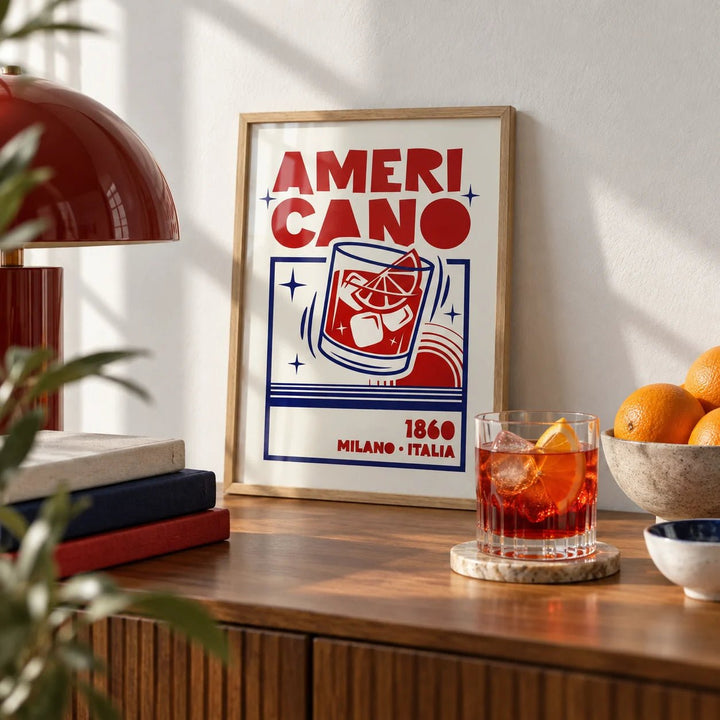 Americano Cocktail Poster, a small A4 framed print leaning on a sideboard in a living room