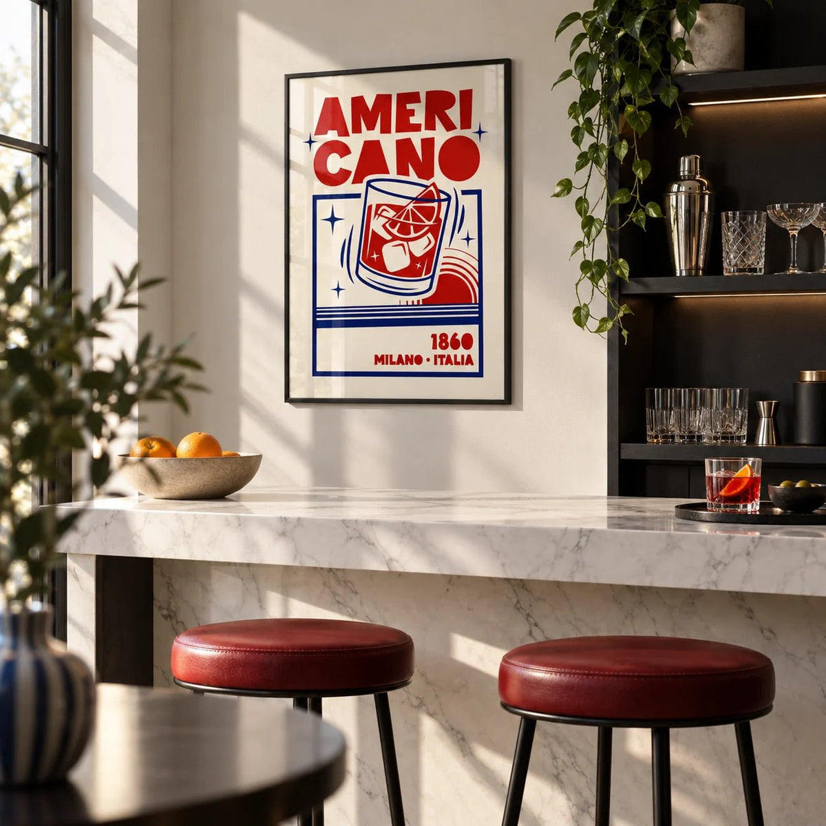Americano Cocktail Poster, framed on the wall of a small modern home bar in a kitchen