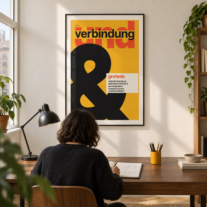 Ampersand Print, framed on the wall of a crisp home design studio in a UK city flat with a warm white wall and oak floor in a home office