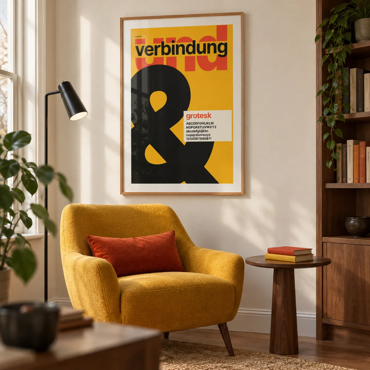 Ampersand Print, framed on the wall of a modern reading corner in a UK maisonette with an ivory wall and built-in walnut shelving in a living room