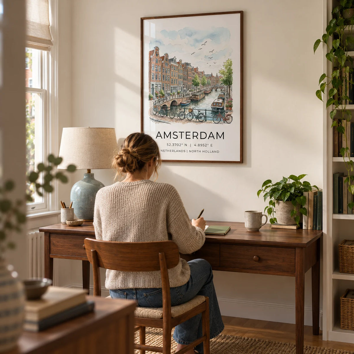 Amsterdam Canal Art Print, framed on the wall of a quiet home study in a UK terrace with a warm white wall and an oak floor