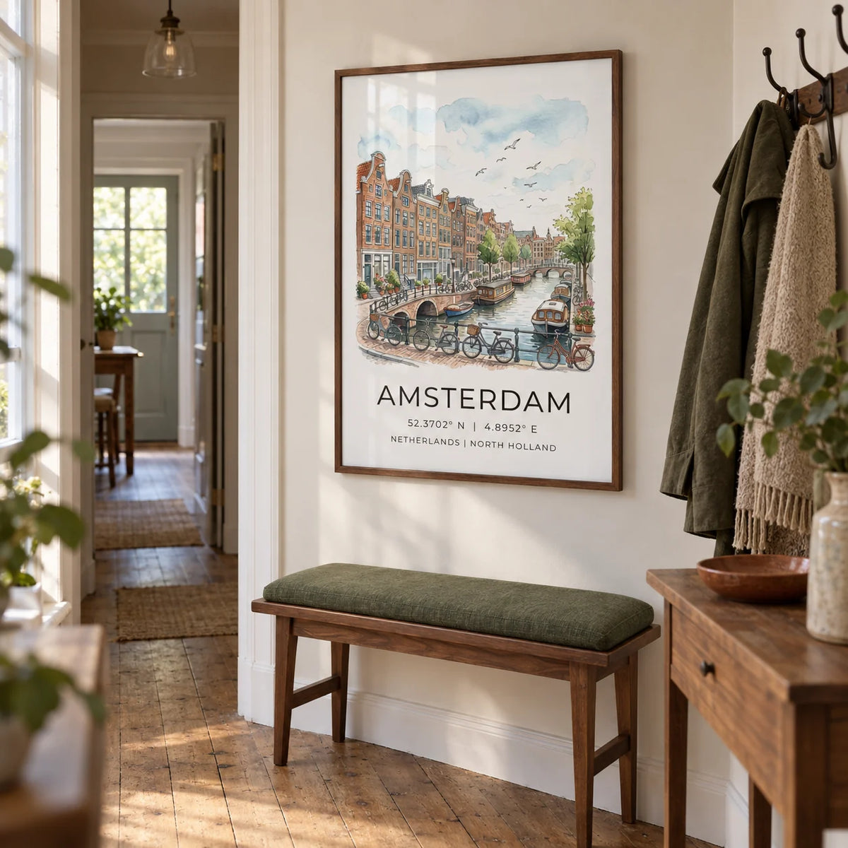 Amsterdam Canal Art Print, framed on the wall of a welcoming narrow hallway in a UK terraced home with off-white walls and restored timber floorboards