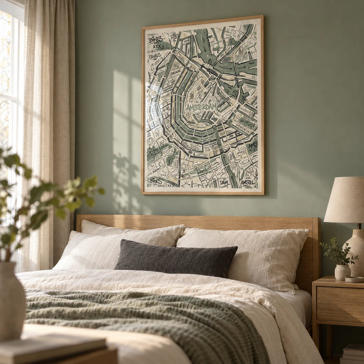 Amsterdam Map Art Print, framed on the wall of a calm bedroom in a young professional couple's flat with a muted sage green wall