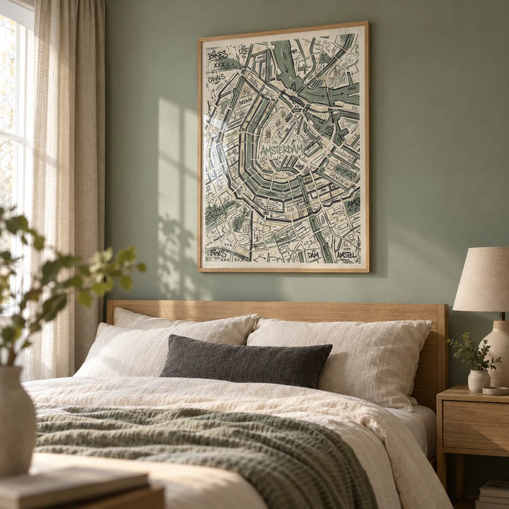 Amsterdam Map Art Print, framed on the wall of a calm bedroom in a young professional couple's flat with a muted sage green wall