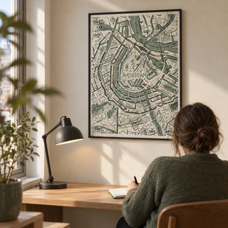 Amsterdam Map Art Print, framed on the wall of a compact home study in a city flat with a pale beige wall and a simple oak desk