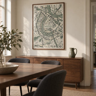 Amsterdam Map Art Print, framed on the wall of a contemporary dining room in a UK terraced home with a cream wall and a walnut dining table