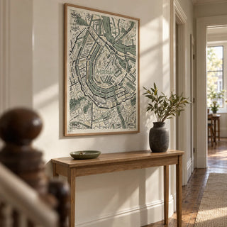 Amsterdam Map Art Print, framed on the wall of a narrow hallway in a renovated Victorian terrace with warm white plaster and original timber floorboards