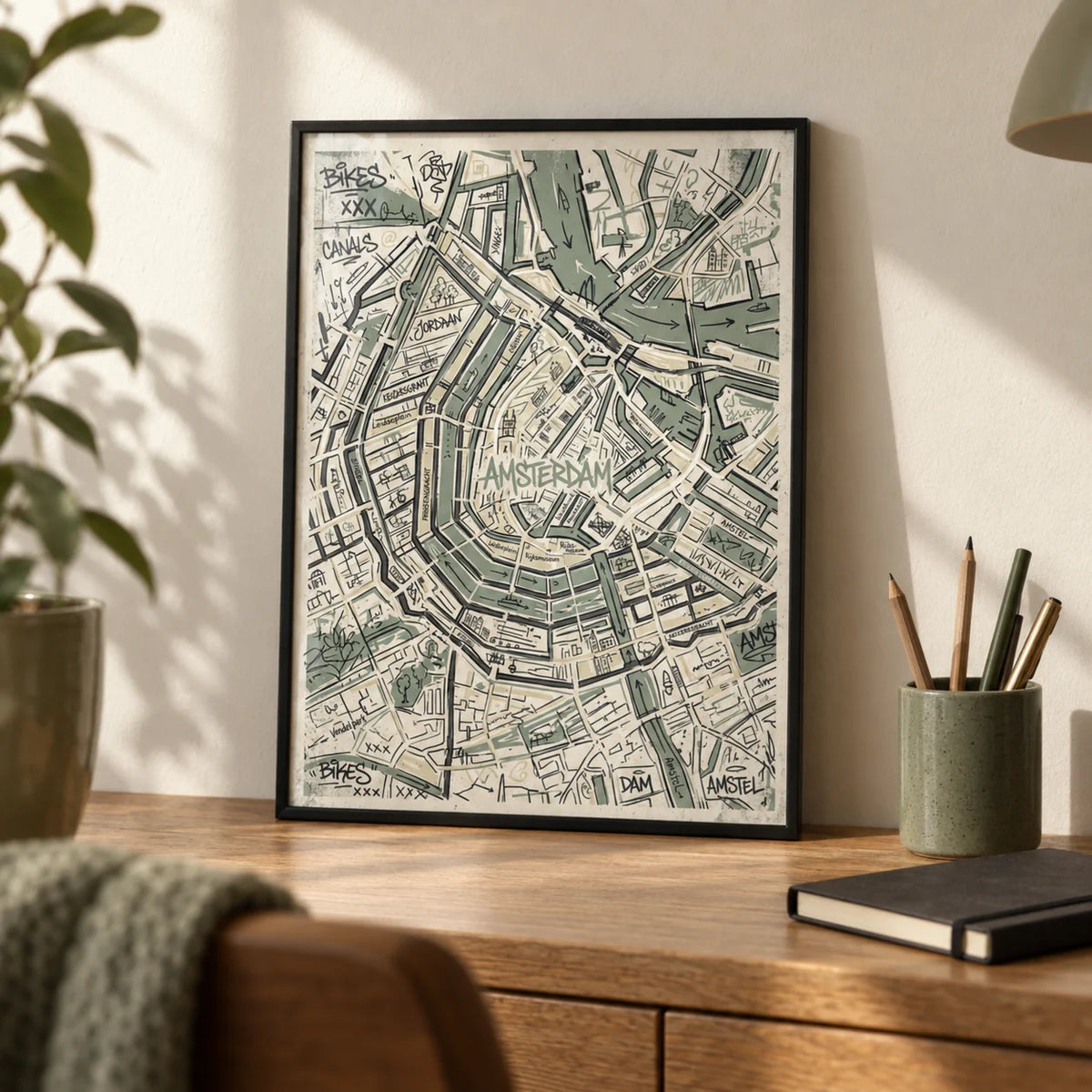 Amsterdam Map Art Print, a small A4 framed print leaning on an oak writing desk