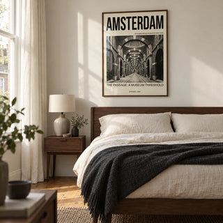 Amsterdam Passage Wall Art, framed on the wall of a calm modern bedroom in a UK terraced home with an ivory wall and warm timber floorboards