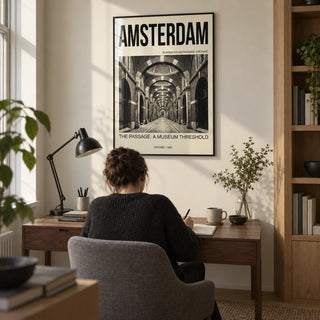 Amsterdam Passage Wall Art, framed on the wall of a compact architecture enthusiast's home study in a UK flat with an ivory wall and built-in oak shelving