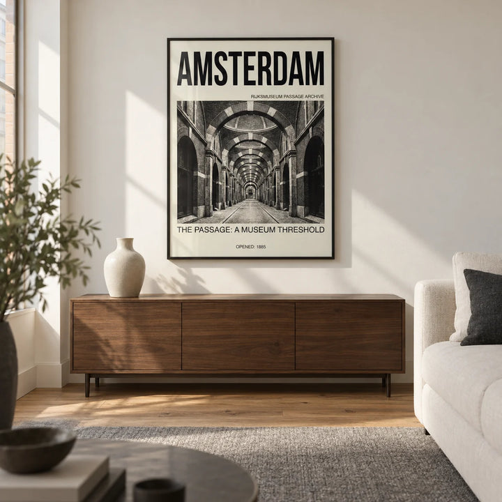 Amsterdam Passage Wall Art, framed on the wall of a modern living room in a UK city flat with warm white walls