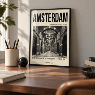 Amsterdam Passage Wall Art, a small A4 framed print leaning on a walnut desk