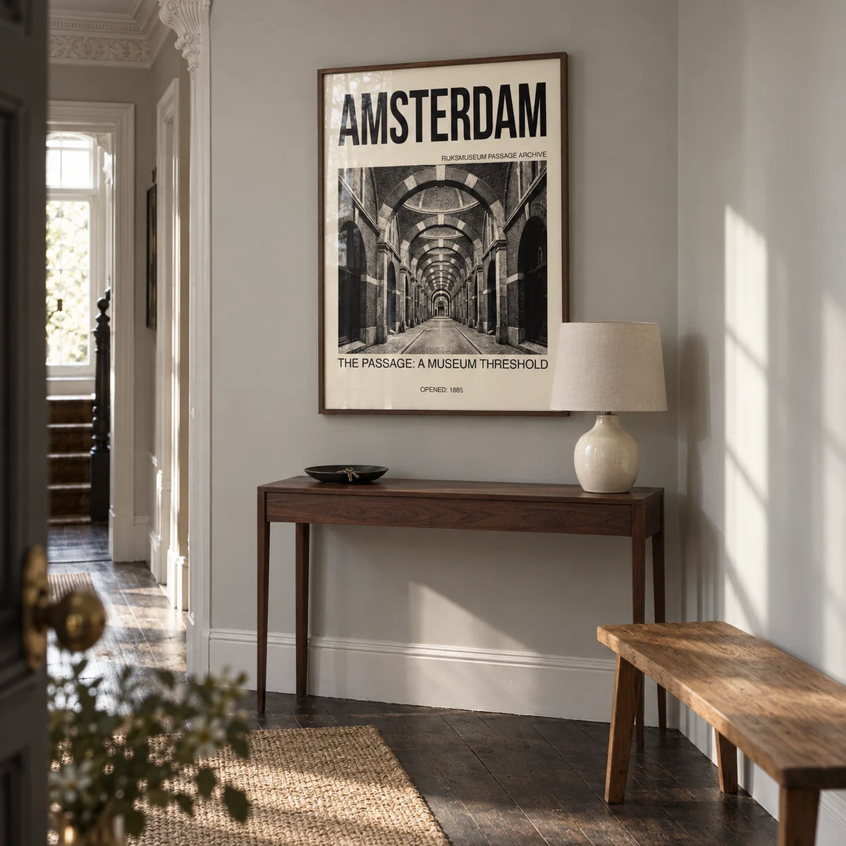 Amsterdam Passage Wall Art, framed on the wall of a tall entrance hallway in a renovated Victorian terrace with pale grey walls