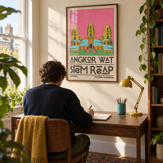 Angkor Wat Art, framed on the wall of a personal study in a characterful UK flat with a warm cream wall and a tall window