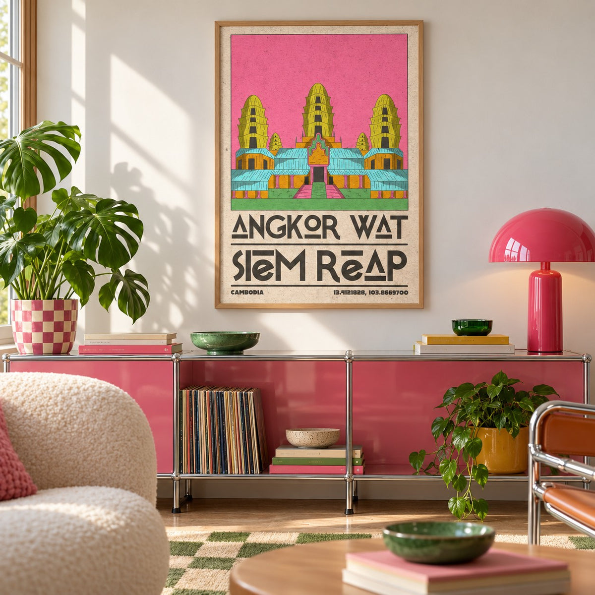 Angkor Wat Art shown in a playful living room with a retro modular sideboard (frame not included)