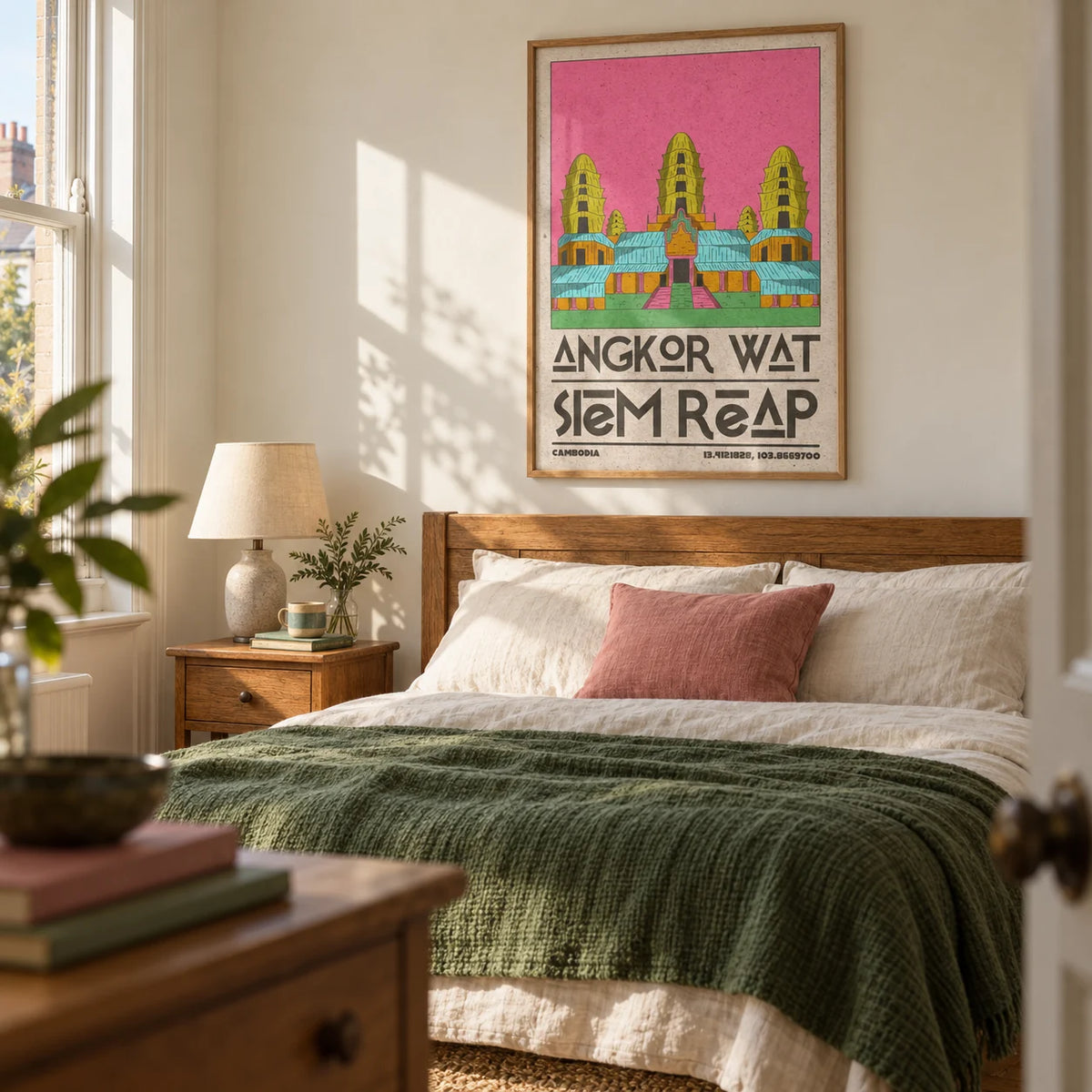 Angkor Wat Art, framed on the wall of a warm bedroom for a travel-loving couple (30-45) in a UK terrace with ivory walls and vintage oak furniture